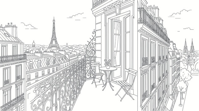 Line art sketch of Paris balcony view with Eiffel Tower.