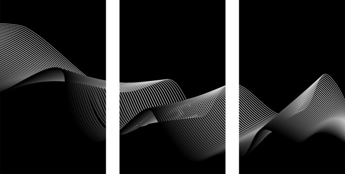 Geometric wave pattern triptych in black and white with abstract monochrome triptych minimalist geometric background
