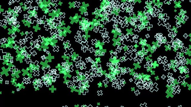 Plus Sign Digital Animation with Glowing Green and White Crosses Moving on Black Background. 4K Video