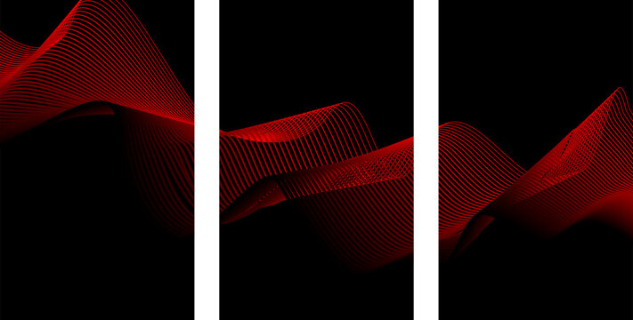 Red dotted wave abstract art triptych for digital background with abstract background triptych geometric technology