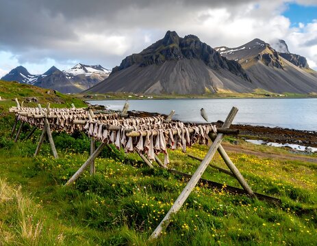 Traditional Dried Fish Hanging on Wooden Racks by Dramatic Coastal Mountains