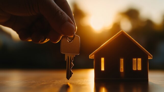 Keys to a New Beginning: A hand holds a key, symbolizing ownership and the start of a new chapter, next to a miniature house bathed in the warm light of a sunset.
