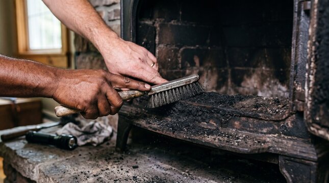 A man cleaning a wood burning fireplace stove with a wire brush.