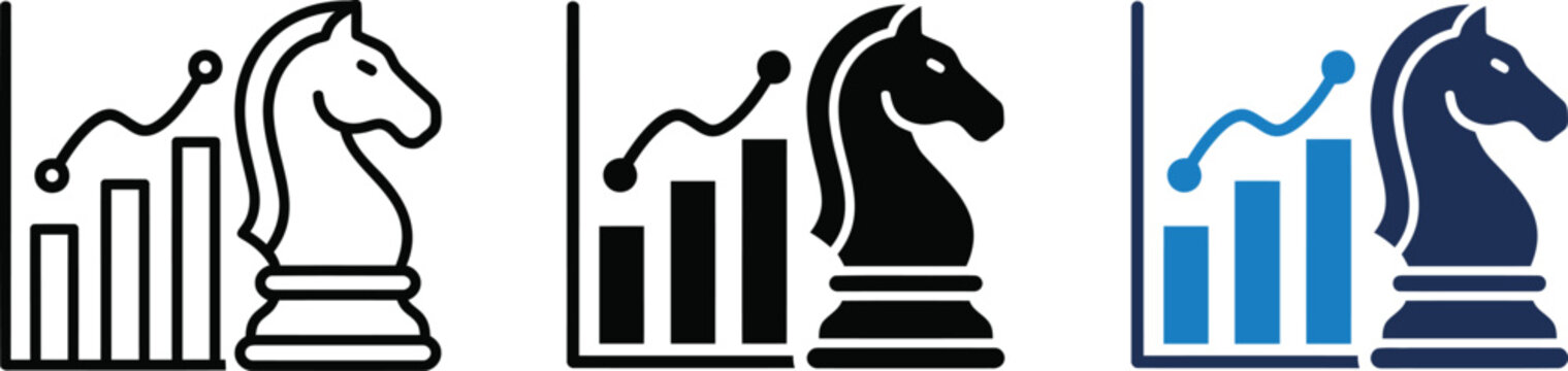 Strategic business growth concept with chess knight and financial chart icons