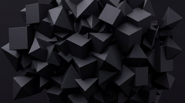 Abstract background with chaotic cluster of dark geometric 3D cubes and pyramids.