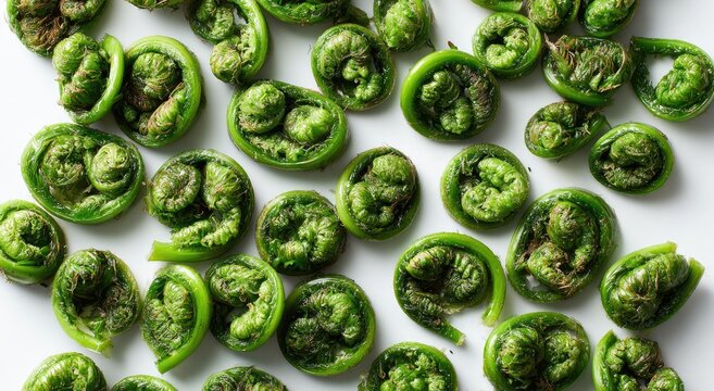 Freshly Harvested Fiddlehead Ferns Arranged Artfully on a White Surface.