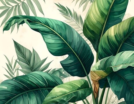 Lush Tropical Green Leaves Layered in Botanical Garden Illustration Background