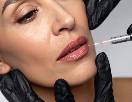 Close Up Woman Receiving Lip Filler Injection During Cosmetic Procedure