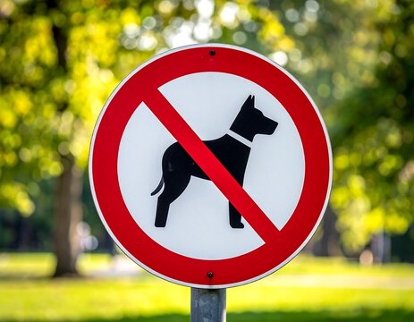 Red Circular No Dog Sign Standing in Sunny Green Park