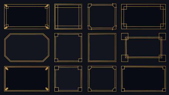art deco gold frames on black background rectangular ornamental borders geometric design vintage style vector graphic illustration decoration frame collection elements