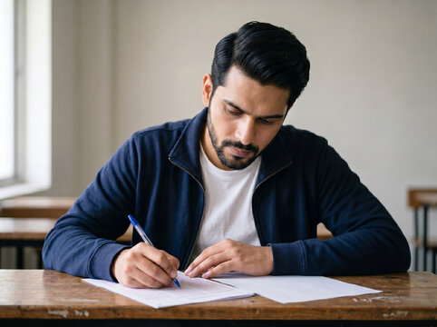 Indian male competitive exam aspirant writing examination in classroom for government job and entrance test preparation concept