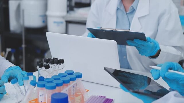 Close up scene of researcher examining alternative protein powder in sterile lab conditions with organized instruments promoting eco forward food innovation for sustainable biotechnology and nutrition