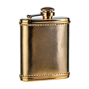 Golden vintage hip flask isolated on white background with elegant texture and shine