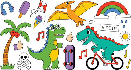Cute Cartoon Dinosaur Sticker Vector Set with Friendly T-Rex Riding Bicycle Skateboard Pterodactyl Rainbow Palm Tree and Summer Elements for Kids Graphic Design © Ismail