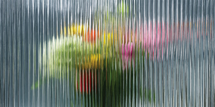 Abstract colorful floral bouquet viewed through distorted textured glass with abstract distorted colorful background vertical refraction artistic painterly botanical interior creative