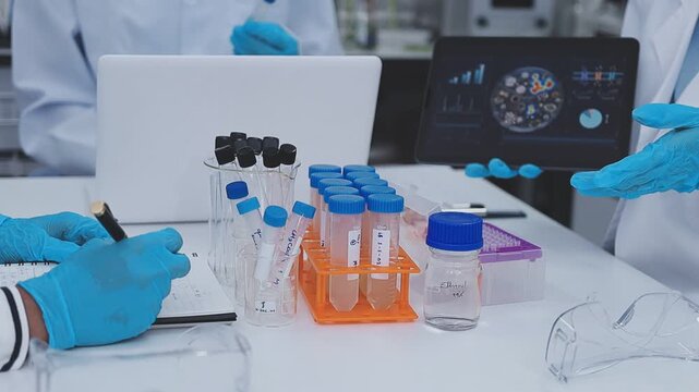 Close up scene of researcher examining alternative protein powder in sterile lab conditions with organized instruments promoting eco forward food innovation for sustainable biotechnology and nutrition