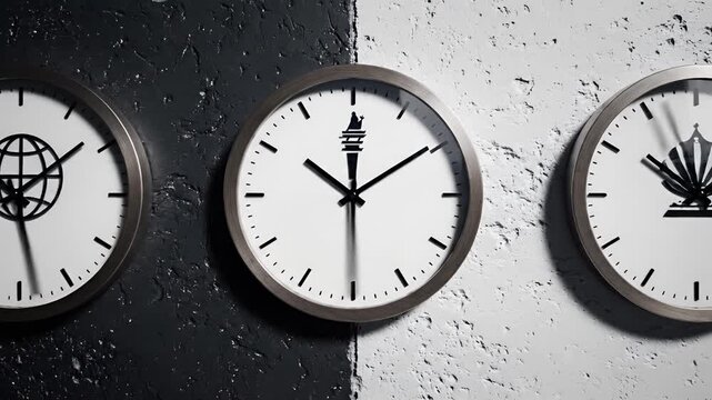 Multiple World Clocks Displaying Different Times on a Textured Wall.