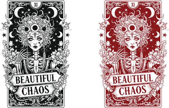 Halloween Tarot Card Illustration with Beautiful Chaos Skeleton