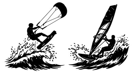 Dynamic Kiteboarding and Windsurfing Vector Icons, Extreme Water Sports Silhouettes, Action Wave Rider Graphics, Nautical Adventure Illustration © Faisal