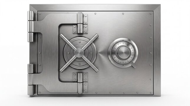Heavy metal bank vault door with a combination dial lock and hinges on white background