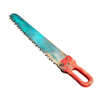 Old rusty chainsaw blade with weathered paint on white background isolated
