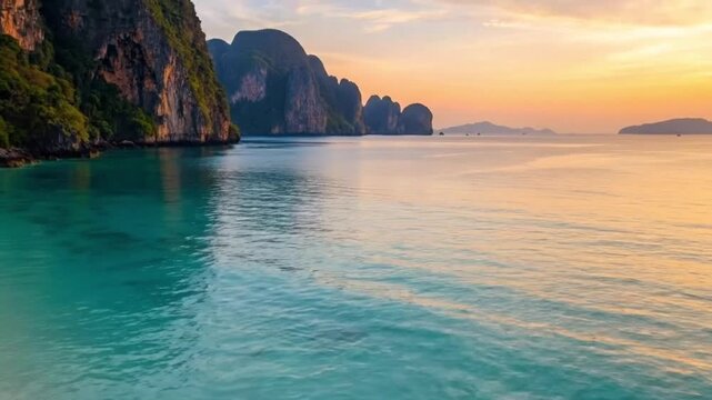 Serene tropical beach with turquoise water and limestone cliffs at sunset