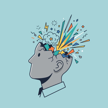 A stylized illustration of a human head with an exploding mind