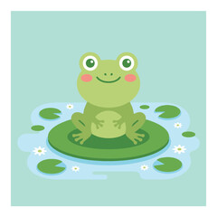 Fototapeta premium A cute green frog sits on a lily pad in the pond