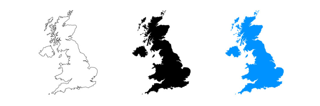 A set of united kingdom maps in various colors on a white background