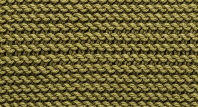 Close-up view of olive green knitted fabric showing garter stitch texture and repetitive pattern.
