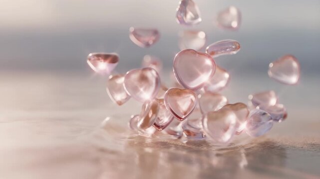 Transparent glass hearts floating in slow motion with soft sparkling light for romantic concepts