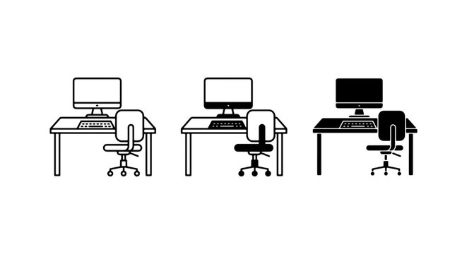 Office Desk and Chair Icons, Computer Workstation Vector Set, Modern Workspace Elements for Business and Technology Concepts