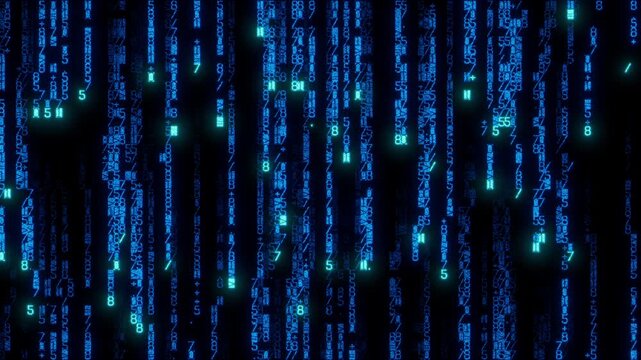 Dynamic Array of Code Cascading Downwards. Neon Blue Coding Background. Seamless Loop.