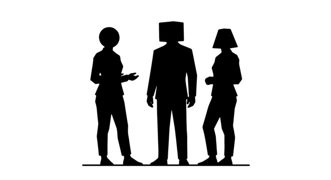 Abstract Silhouette Figures, One with Box Head, Discussing Ideas, Minimalist Vector Art, Communication Concept, Teamwork Symbol, Modern Design