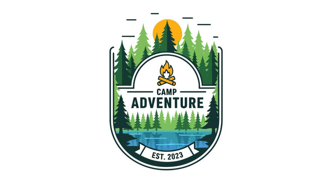 Camp Adventure Outdoor Emblem with Forest and Lake Design