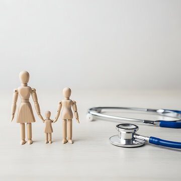 Wooden Mannequin Family Figures with a Stethoscope for Family Health Insurance and Medical Care Concept