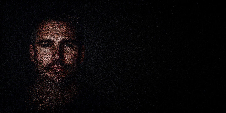 Digital ID Portrait of Man with Face made up of Code. Facial recognition Concept with copy-space.