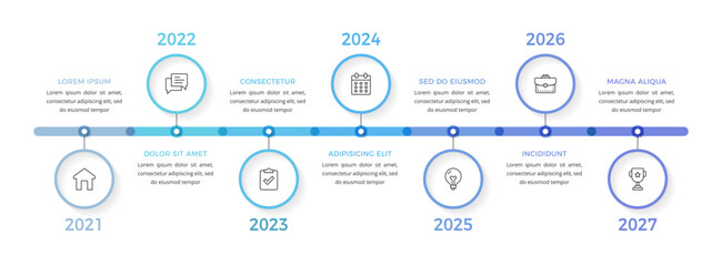 Obraz na płótnie Canvas Infographic template with seven steps along a horizontal timeline used for business development plans, project roadmaps, or historical data visualization