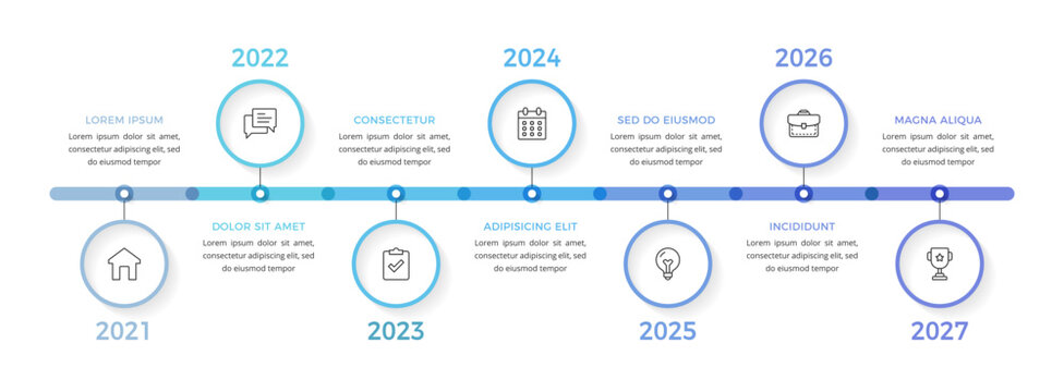 Infographic template with seven steps along a horizontal timeline used for business development plans, project roadmaps, or historical data visualization