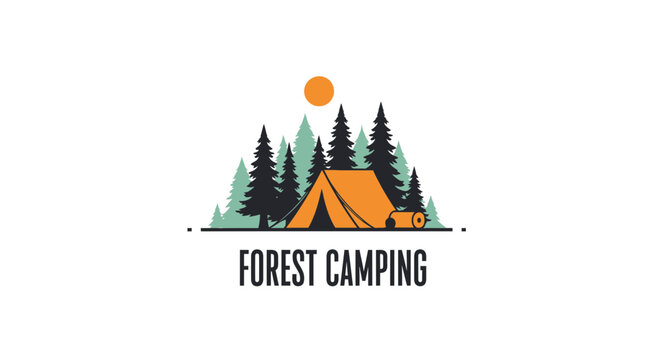Minimalist Forest Camping Badge with Tent and Pine Trees