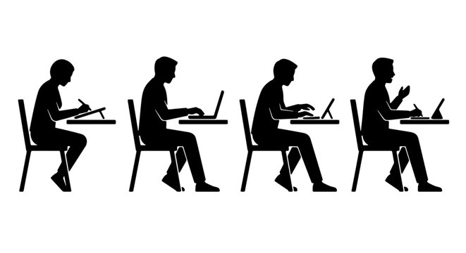 Ergonomic Posture Set: Diverse Seated Poses for Digital Work, Desk Setup, and Tablet Use, Vector Silhouettes