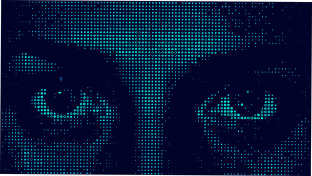 human eyes digital pixel art face iris pupil eyeball gaze expression technology data binary code dots grid pattern abstract futuristic science
