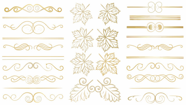 set of decorative swirls and leaves vector illustration ornamental scrolls floral design pattern gold white background graphic element divider frame border