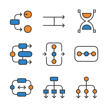 Nine blue and orange line icons featuring bifurcated paths, parallel arrows, hourglass diagrams, and hierarchical tree structures on white.