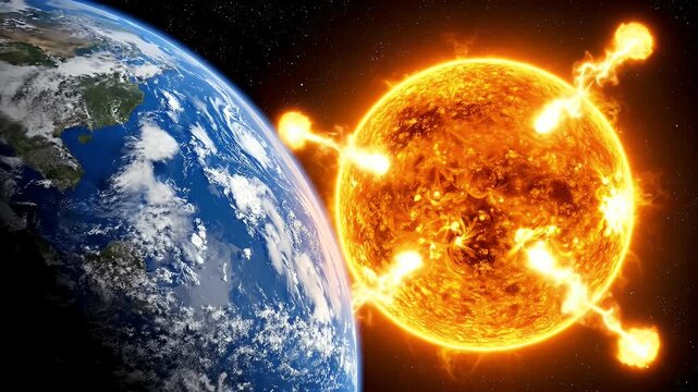 Dramatic Rendering of Earth and Sun with Solar Flares in Space Background, Blue Planet, Golden Solar Body, Stars, Celestial Phenomenon, Astronomy Concept