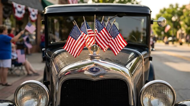Antique Car Decorated with American Flags at Celebration