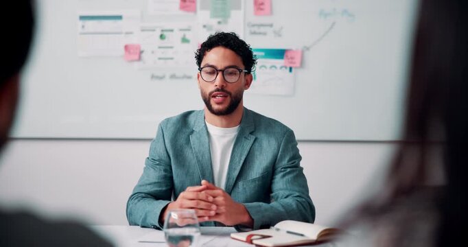 Meeting, interview and business people with candidate in office for recruitment process. Conversation, onboarding and applicant with HR panel for discussion with job offer, partnership and hiring