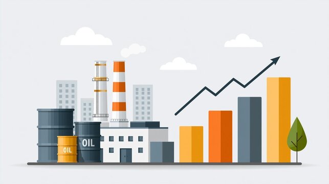 global energy market illustration featuring oil barrels refinery towers and financial growth analytics