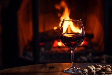 Obraz premium Red wine glass standing on a wooden table with nuts, creating a warm, cozy atmosphere by a burning fireplace