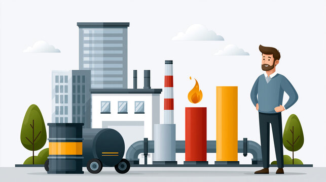 industrial energy sector illustration with barrels pipelines and economic recovery theme